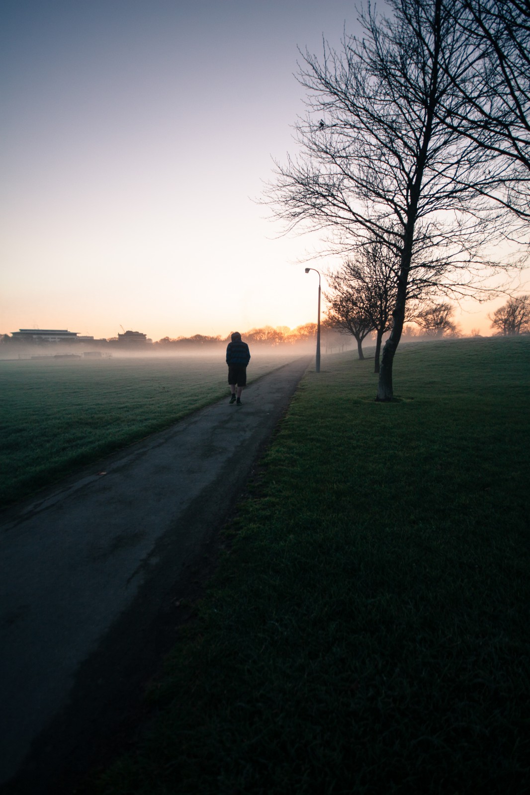 man walking towards the rising sun on a foggy morning