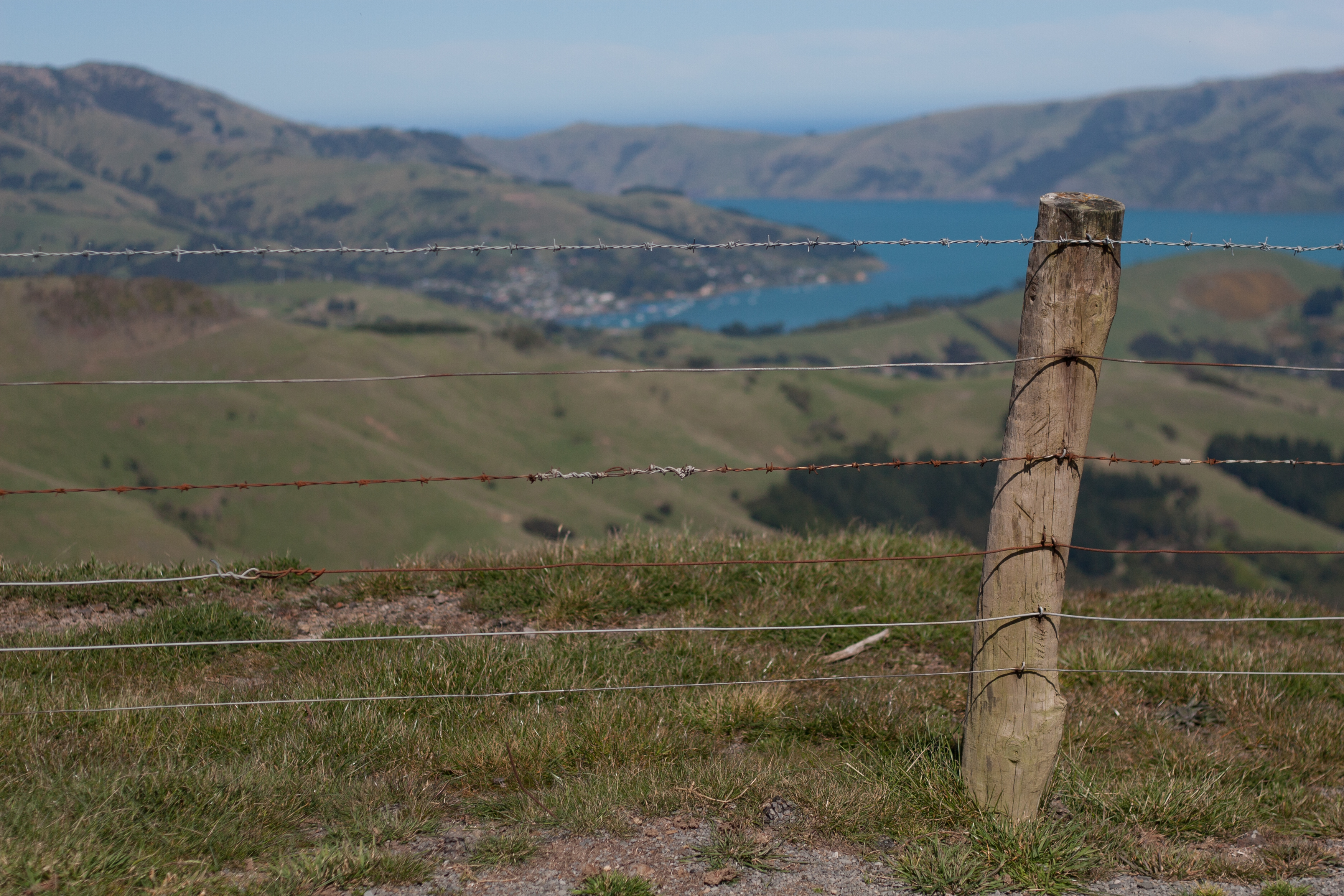 an old rusty fence in focus with a beautiful shot of akaroa in the distance out of focus