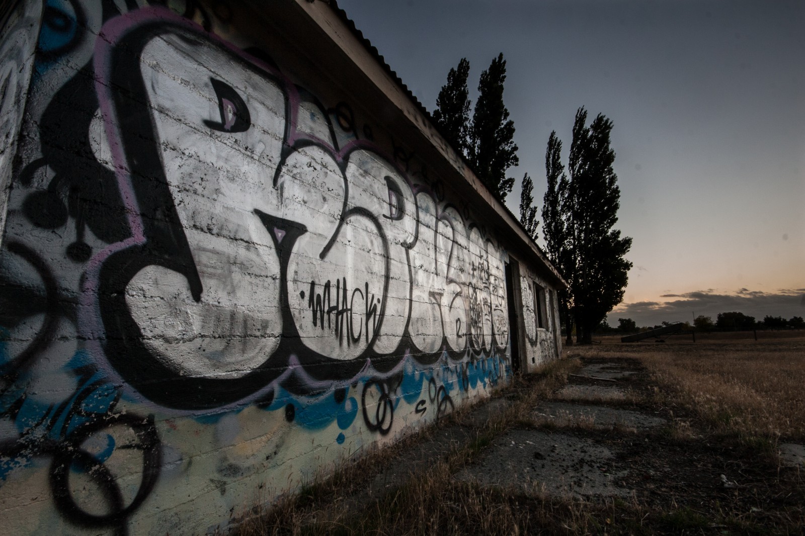 graffiti covered building at sunset