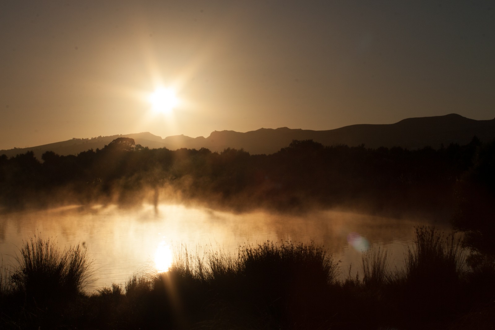 view at sunrise over a foggy lake in sepia
